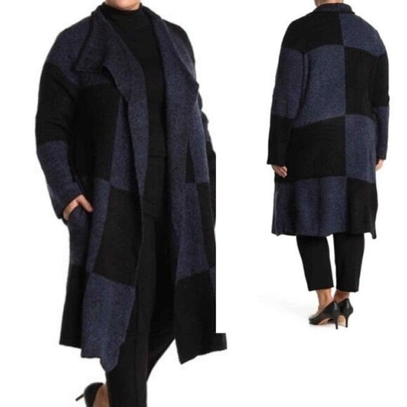 Joseph A. Buffalo Check Longline Duster Cardigan Blue Black - Picture 1 of 13